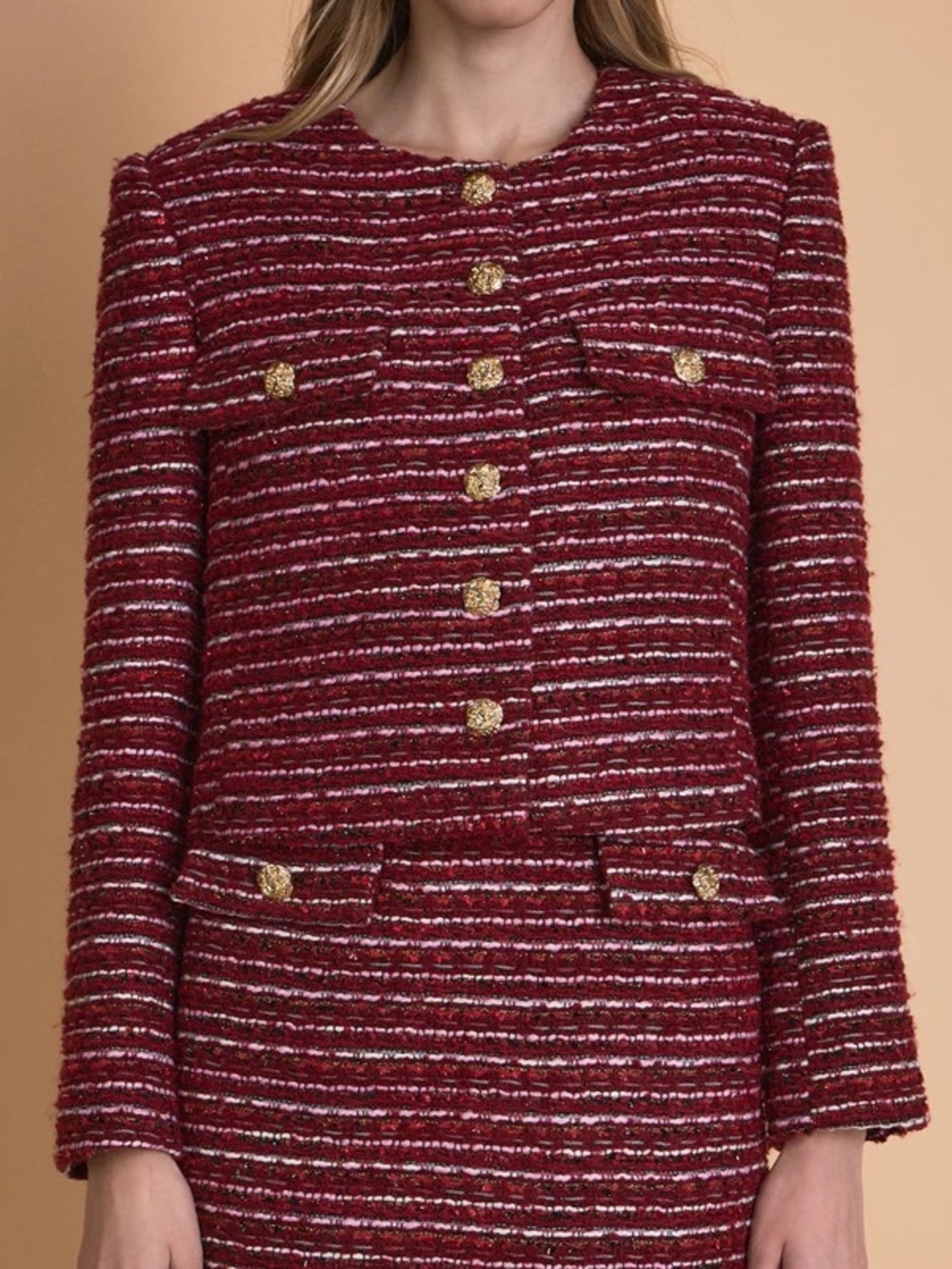 Endless Rose Red Tweed Cropped Blazer with Gold Buttons